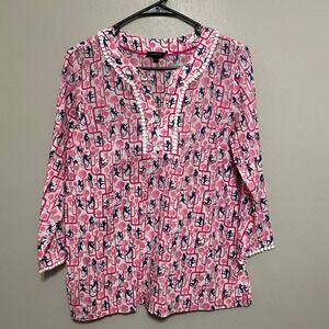 Talbots Blouse S Pink Navy Whimsical Monkey 3/4 Sleeve‎ Pom Pom Fringe Trim